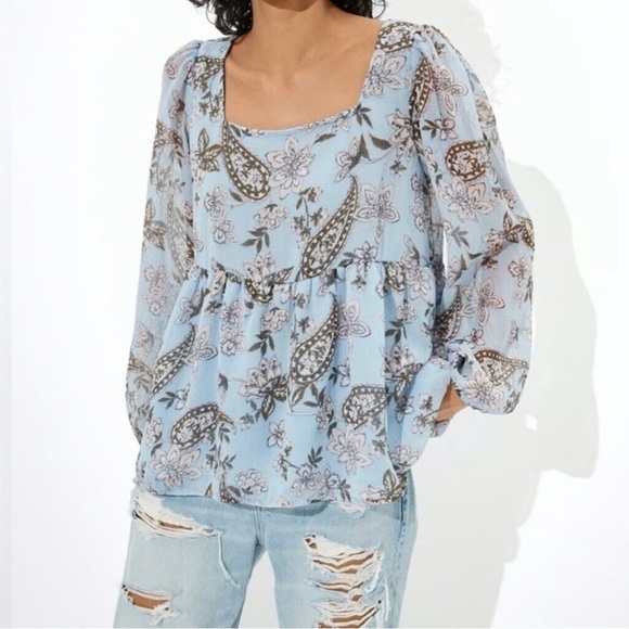 American Eagle Blue Floral Paisley Square Neck Tie Back Blouse Top Size Small - Picture 1 of 9
